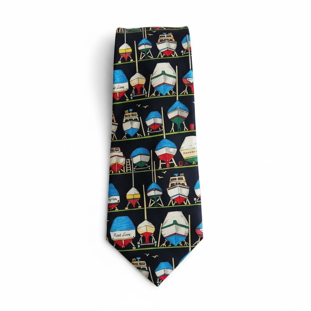 VTG 80s Alynn Neckwear Old Money Sailing Marina Boats Graphic Silk Tie
